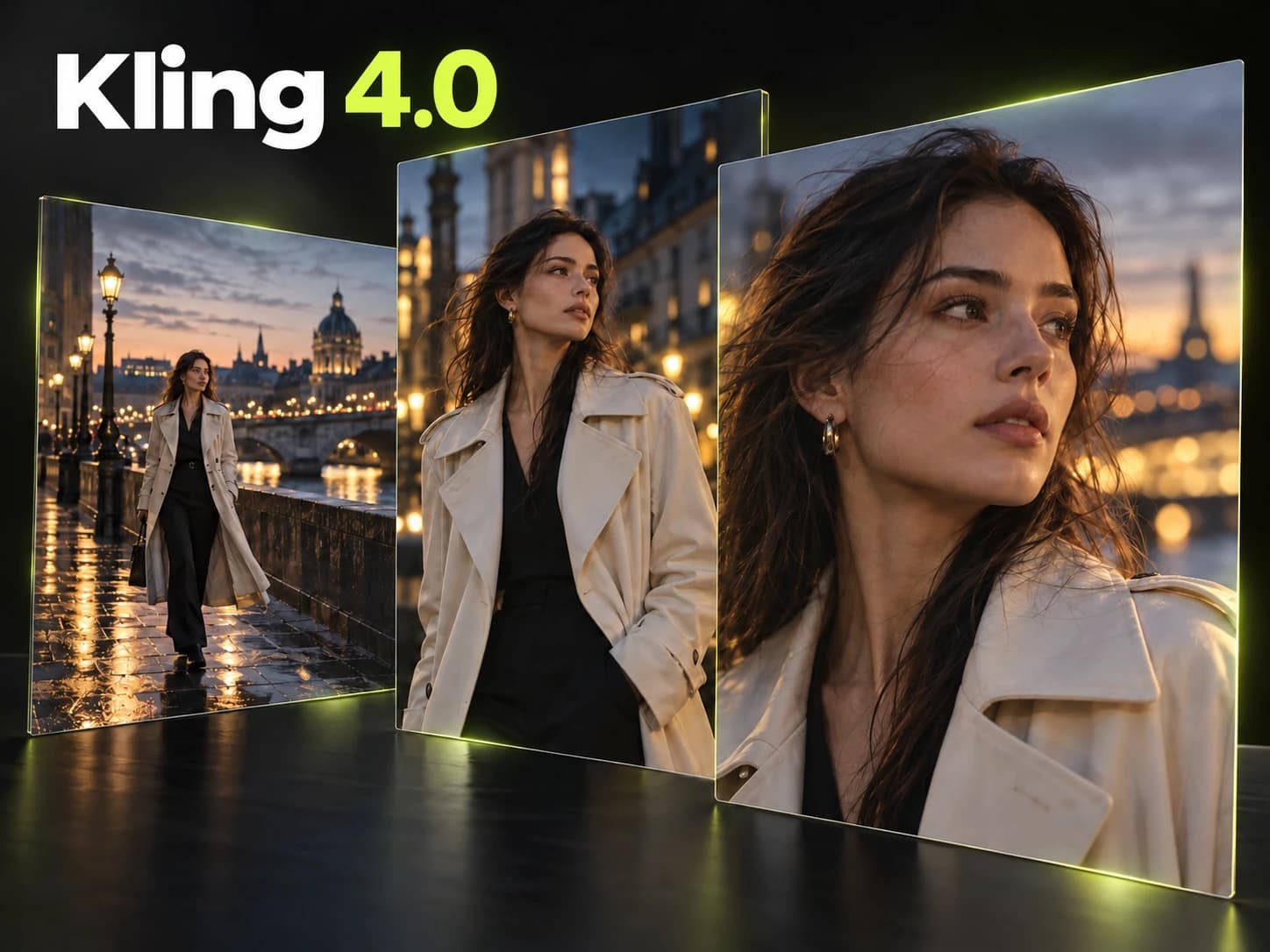 Kling 4.0 — AI-generated illustration of one character across three cinematic keyframes