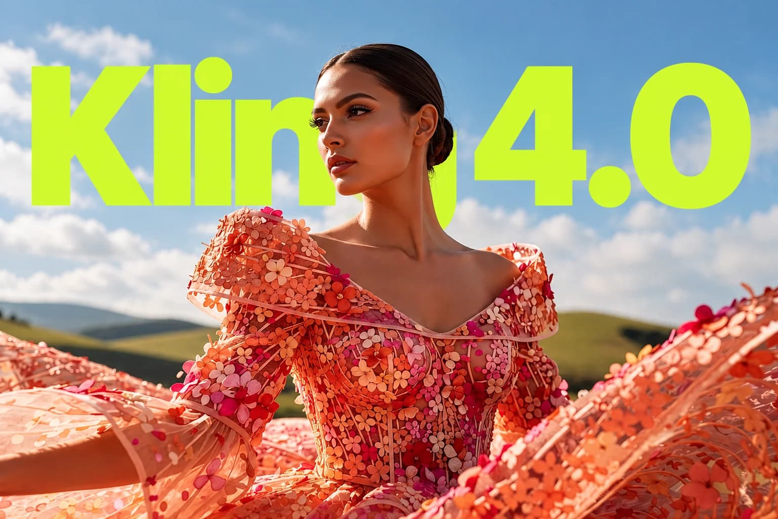 Kling 4.0 — woman in a floral orange dress beneath a blue sky