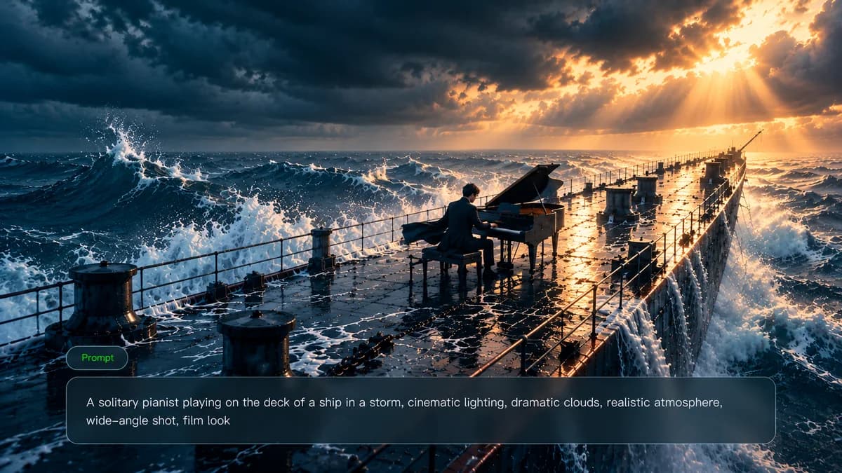 A pianist on a ship deck beneath storm clouds and a shaft of sunlight