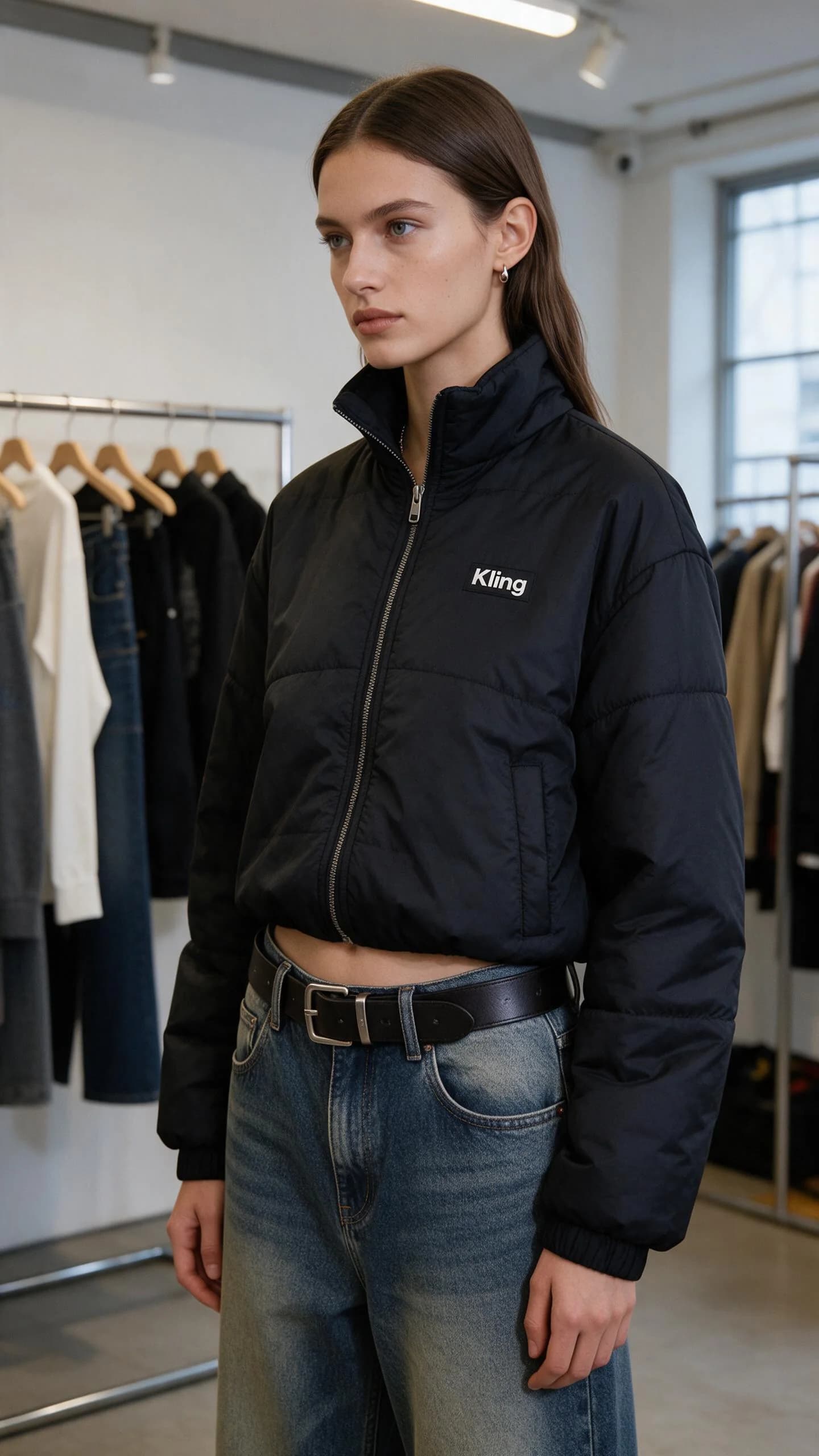 Fashion presenter wearing the black padded jacket used as the visual reference