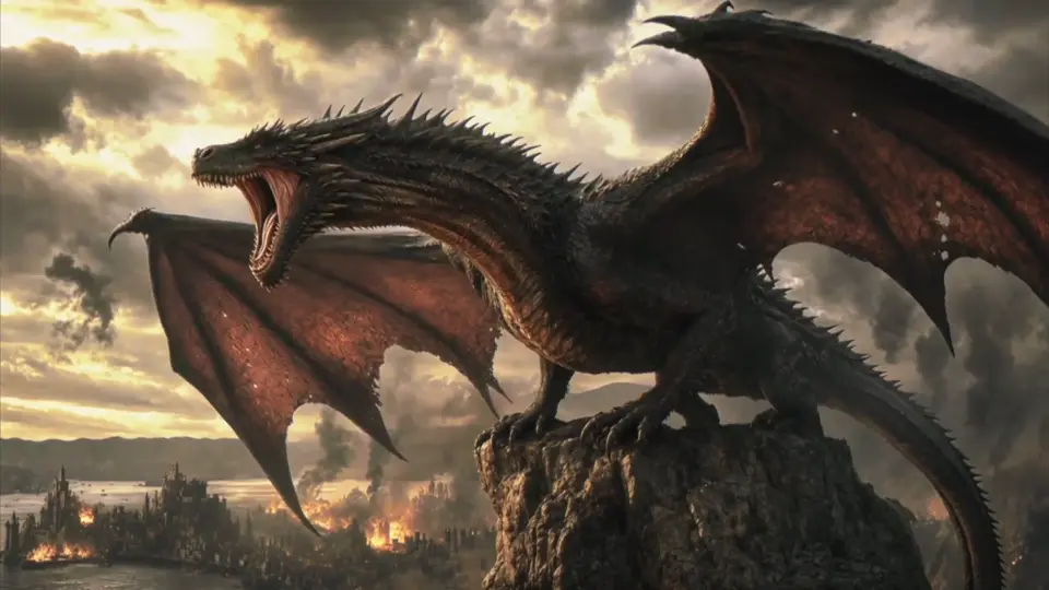 Dragon above a burning city